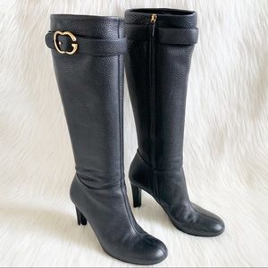 Gucci GG Buckle Strap Black Leather Knee Boots 39